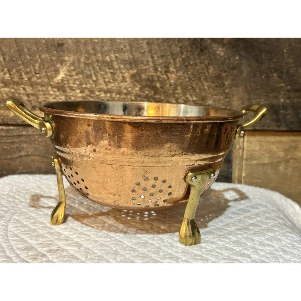 Vintage Small Copper Footed Colander Berry Strainer Brass Feet Cottage Farmhouse